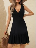 Kadın Askılı Kruvaze Yakalı Fırfırlı Janjan Krep Elbise thumbnail 4