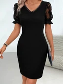 Kadın Kısa Kollu V Yakalı Dantel Detaylı Kısa Ithal Krep Elbise thumbnail 4