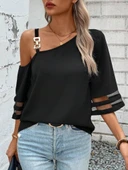 Kadın Askılı Asimetrik Kesim Kol Ve Yaka Kolda Tül Ve Aksesuar Detaylı Janjan Krep Bluz thumbnail 1