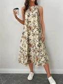 Kadın Sıfır Kollu Yuvarlak Yaka Desenli Ithal Keten Midi Elbise thumbnail 2