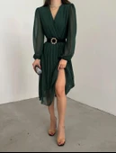 Kadın şifon Kumaş Astalı Kloş Kesim Kruvaze Yaka Midi Boy Elbise thumbnail 4