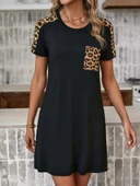 Kadın Kısa Kollu Yuvarlak Yaka Cepli Leopar Desen Detaylı Viskon Elbise thumbnail 5