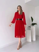 Kadın şifon Kumaş Astalı Kloş Kesim Kruvaze Yaka Midi Boy Elbise thumbnail 1