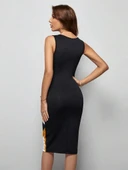 Kadın Kolsuz V Yakalı Geometrik Desenli Midi Dalgıç Elbise thumbnail 4