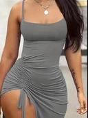 Kadın Kolsuz Ip Askılı Yandan Büzgülü Uzun Viskon Elbise thumbnail 2