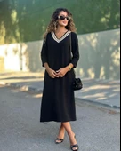 Kadın Uzun Kollu V şerit Yakalı Viskon Iki Iplik Elbise thumbnail 2