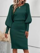 Kadın Uzun Yarasa Kollu Yakası Açık Belden Oturtmalı Kısa Triko Elbise thumbnail 4