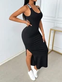 Kadın Yuvarlak Yaka Sırttan çapraz şerit Love Detaylı Yırtmaçlı Viskon Elbise thumbnail 3