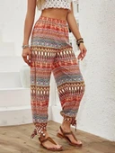 Kadın Yüksek Belli Yanlardan Yırtmaç Detaylı Desenli Bürümcük Pantolon - 2