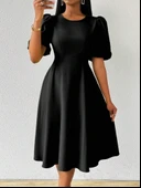 Kadın Kısa Balon Kollu Bisiklet Yaka Kiloş Janjan Krep Elbise thumbnail 1