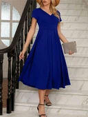 Kadın Kısa Kollu V Yakalı önden Pileli Midi Janjan Krep Elbise thumbnail 1