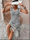 Kadın Kolsuz V Yaka Eteği Püsküllü çizgi Desen Triko Elbise thumbnail 6