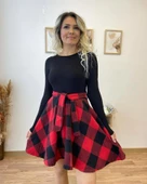 Kadın Uzun Kollu Bisiklet Yaka üst Viskon Alt Ekose Kısa Elbise thumbnail 1