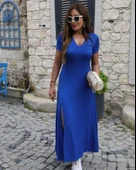 Kadın Kısa Kollu V Yaka Maxi Boy Elbise 124 Cm thumbnail 2