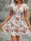 Kadın Kısa Kollu Kruvaze Yakalı çiçek Desenli Süprem Elbise thumbnail 5