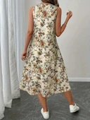 Kadın Sıfır Kollu Yuvarlak Yaka Desenli Ithal Keten Midi Elbise thumbnail 3