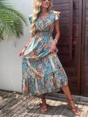 Kadın Kısa Kollu Kruvaze Yakalı Desenli Maxi Elbise thumbnail 1