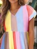 Kadın Kısa Kollu V Yakalı şerit Desenli Süprem Elbise thumbnail 2