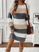 Kadın Uzun Kollu Yuvarlak Yaka çizgili çok Renkli Triko Elbise thumbnail 1