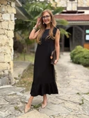 Kadın Omuzlardan Büzgülü Kayık Yaka Fırfırlı Janjan Krep Elbise thumbnail 6