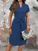 Kadın Kısa Kollu V Hakim Yaka Belden Kuşaklı Valencia Elbise thumbnail 4