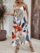 Kadın Ip Askılı Geniş V Yakalı Desenli Süprem Elbise thumbnail 1