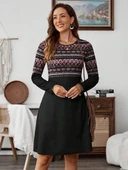 Kadın Uzun Kollu Bisiklet Yaka Etnik Desenli Kısa şardonlu Dalgıç Elbise thumbnail 6