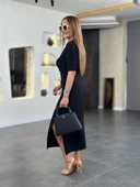 Kadın Kısa Kollu Bisiklet Yaka Yandan Yırtmaçlı Viskon Iki Iplik Elbise thumbnail 4