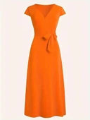 Kadın Kısa Kollu V Yakalı Belden Kuşaklı Maksi Boy Viskon Elbise thumbnail 5