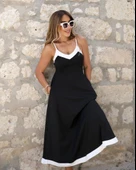 Kadın Ip Askılı V Yakalı çift Renkli Janjan Krep Elbise thumbnail 2