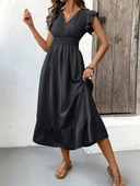 Kadın Kısa Kelebek Kollu Kruvaze Yakalı Beli Lastikli Aerobin Elbise thumbnail 2