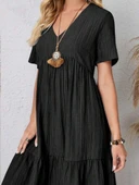 Kadın Kısa Kollu V Yakalı Fırfırlı Bürümcük Elbise thumbnail 2