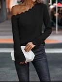 Kadın Uzun Kollu Tek Omuzu Açık Dantelli Burgu Bluz thumbnail 1