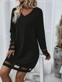 Kadın Uzun Kollu V Yakalı şeritli Tül Detaylı Ithal Krep Elbise thumbnail 5