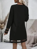 Kadın Uzun Kollu V Yakalı şeritli Tül Detaylı Ithal Krep Elbise thumbnail 4