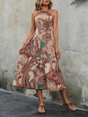 Kadın Kolsuz Boyundan Bağlamalı Beli Lastikli Etnik Desen Baskı Süprem Uzun Elbise thumbnail 4