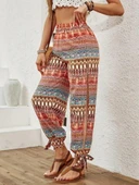 Kadın Yüksek Belli Yanlardan Yırtmaç Detaylı Desenli Bürümcük Pantolon - 4