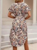 Kadın Kısa Kollu Bisiklet Yaka çiçek Desenli Kuşaklı Süprem Midi Elbise thumbnail 3