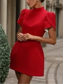 Kadın Kısa Kollu Balıkçı Yaka Arkadan Kelebek Dekolte Detaylı Kısa Atlas Elbise thumbnail 4