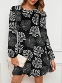 Kadın Uzun Kollu Bisiklet Yaka Desenli Kısa Krep Elbise thumbnail 3