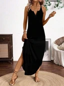 Kadın Askılı Yuvarlak Yaka Asimetrik Detaylı Viskon Elbise thumbnail 1