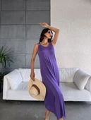 Kadın çan Dokuma Kumaş V Yaka Asimetrik Kesim Elbise thumbnail 4