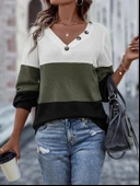 Kadın Uzun Kollu V Yakalı Düğmeli çok Renkli Waffle Bluz thumbnail 1