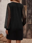 Kadın Uzun Kollu Dantelli V Yakalı Kısa Ithal Krep Elbise thumbnail 2