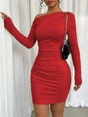 Kadın Uzun Kollu Tek Omuzu Açık Yanlardan Büzgülü Kısa Sandy Elbise thumbnail 2