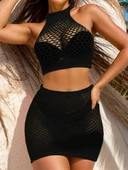 Kadın Balıkçı Yaka Delikli Krop Bluz Ve Etek Triko Ikili Takım thumbnail 3