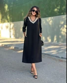 Kadın Uzun Kollu V şerit Yakalı Viskon Iki Iplik Elbise thumbnail 4