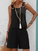 Kadın Askılı Yuvarlak Yaka Kuş Gözü Detaylı Bürümcük Bluz Ve Short Ikili Takım thumbnail 2