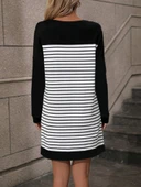 Kadın Bisiklet Yaka Uzun Kol çizgili Iki Iplik Kumaş Mini Boy Elbise thumbnail 5