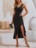 Kadın Askılı V Yakalı önden Fırfırlı Uzun Dalgıç Elbise thumbnail 2